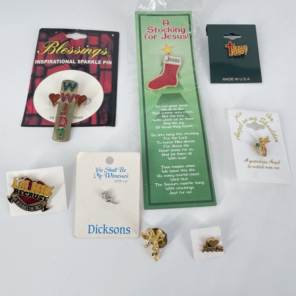 Lot of 8 Christian Religious Pins Brooches WWJD Cross Angel Jesus Faith Mixed